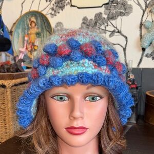 Handmade knit multicolor, blue teal red green yellow orange multicolor bucket ha